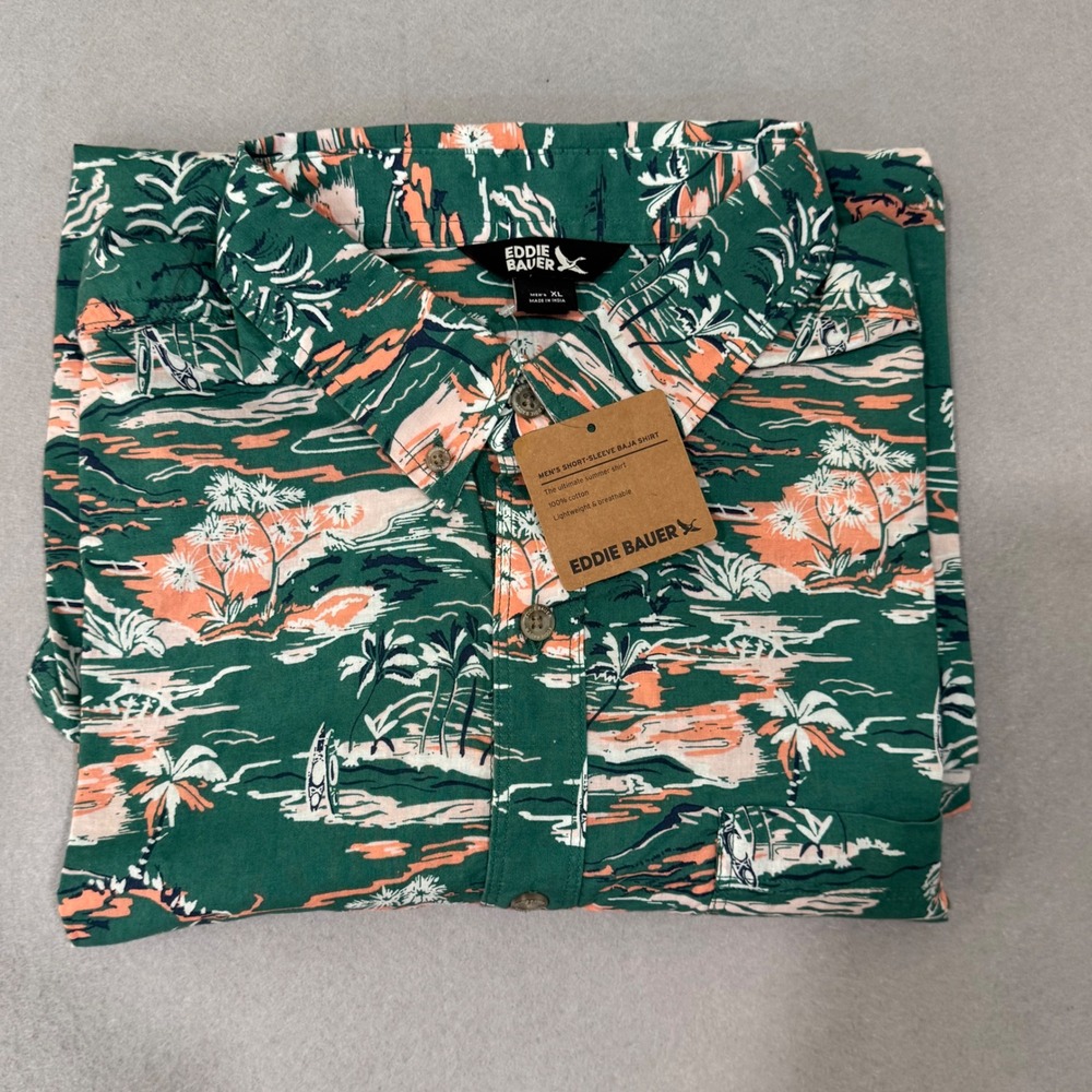 Eddie Bauer Baja Shirt Mens XL Green Tropical Palm Tree Short Sleeve Button Down